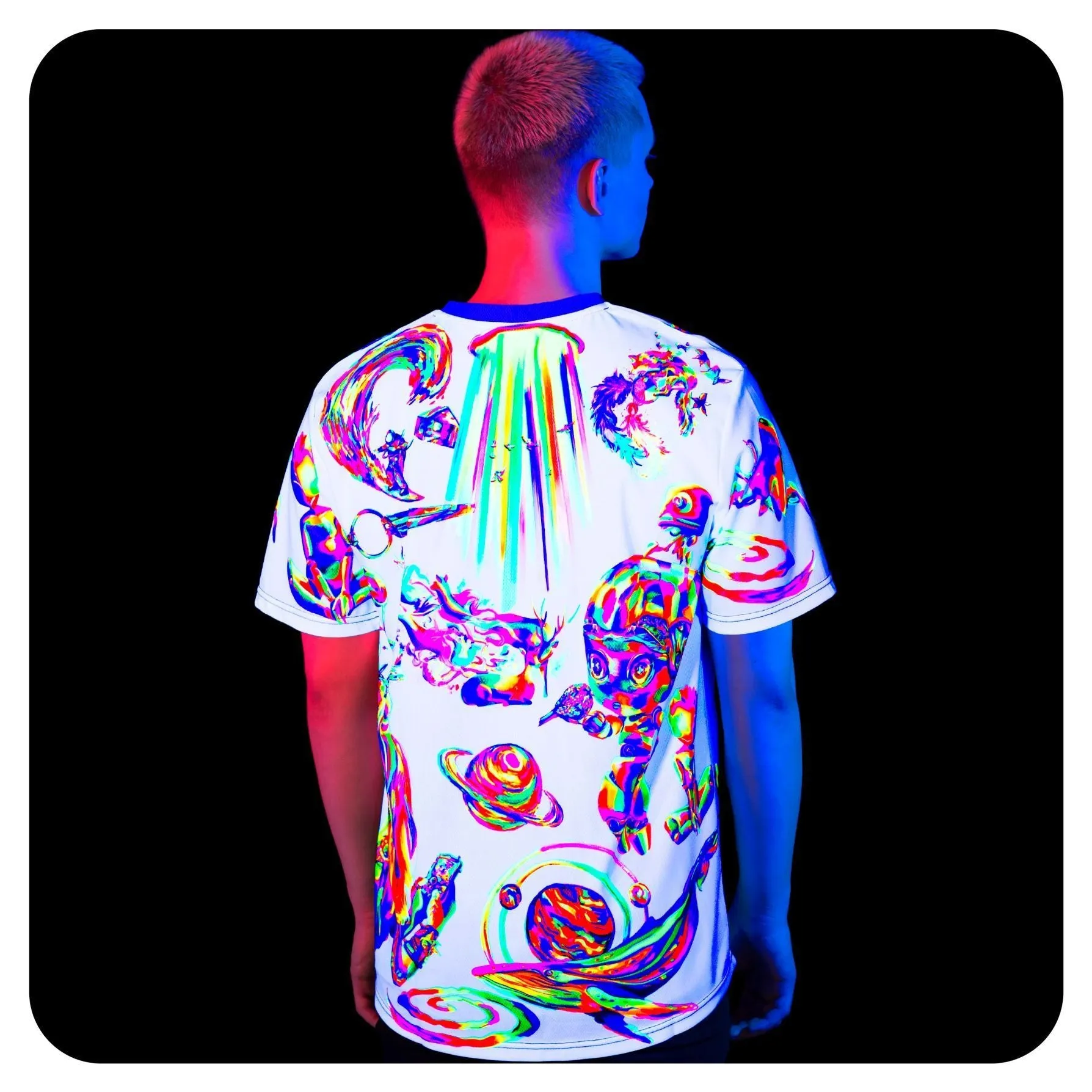 Glowing T Shirt Glow in UV Fluorescent Cosmic White