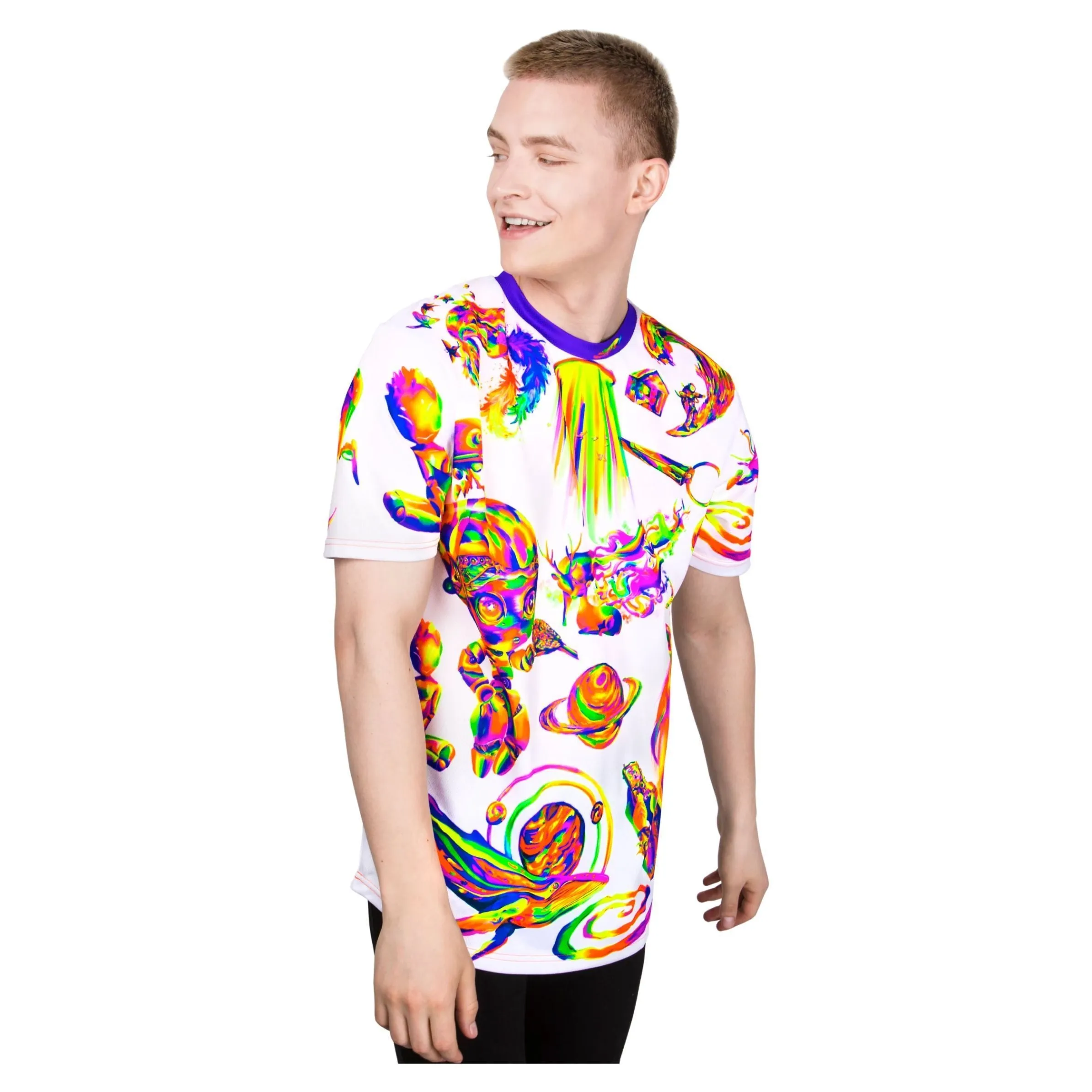 Glowing T Shirt Glow in UV Fluorescent Cosmic White