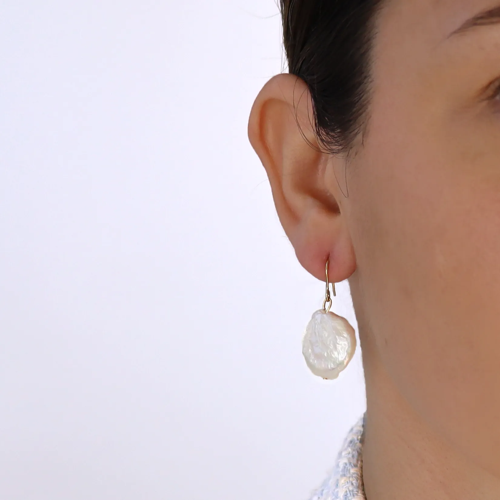 Large flat pearl dangle earrings