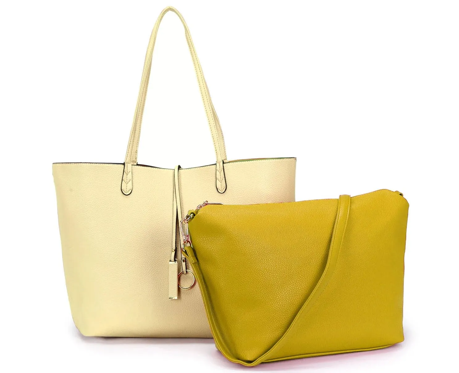 LARGE REVERSIBLE TOTE BAG SET WITH CROSSBODY BAG - LIME YELLOW / CREAM