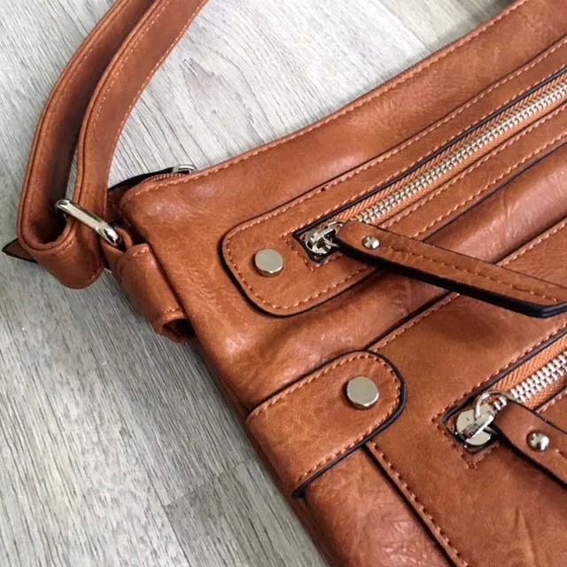 LARGE TAN MULTI COMPARTMENT CROSSBODY BAG WITH LONG STRAP