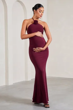 Loving | Robe longue de maternité rouge bordeaux à col haut et corsage fleurit